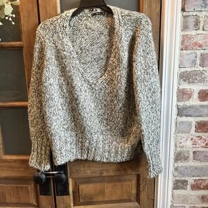 ZARA Sweater Chunky Knit V-Neck Size Small Olive Green White Marled